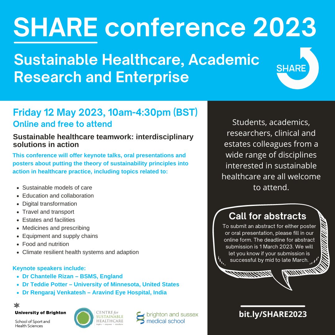 There's still time to book to attend our #SHAREconference2023 🖥️

The event will offer keynote talks, oral presentations and posters about sustainable healthcare teamwork: interdisciplinary solutions in action 🌍

🗓️Fri 12 May, 10am-4:30pm, online
Book ➡️bit.ly/SHARE2023