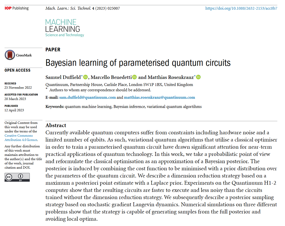 MLSTjournal's tweet photo. Great new work by @Sam_Duffield @rosenkranz and Marcello Benedetti @QuantinuumQC @cambridgecqc - '#Bayesian learning of parameterised #quantumcircuits' - https://t.co/dgTJJHeI0Y #machinelearning #quantum #quantumcomputing #QML #AI #algorithms #HPC #qubits #compchem https://t.co/UqDfKQu9hs