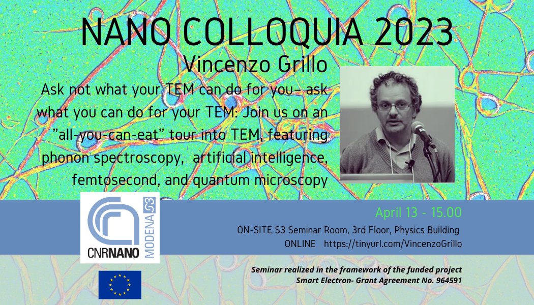 Cnr_Nano's tweet photo. 🗓️Today at 3 pm join the #NanoColloquia2023 by Vincenzo Grillo (#CnrNano Modena) about:
"Ask not what your TEM can do for you, ask what you can do for your TEM. .... "
Streaming: https://t.co/JQnFHd8mZn
More info: https://t.co/23NohNMP9y
#QuantumMicroscopy @sm_electron https://t.co/2Z36MNX0Pj