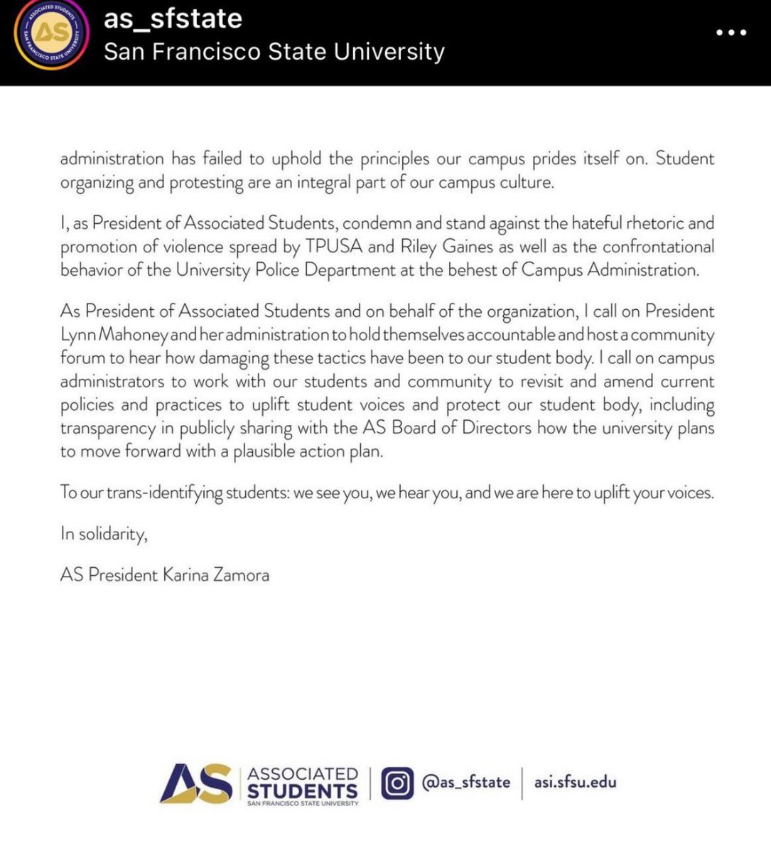OliLondonTV's tweet photo. San Francisco State University, where students assaulted @Riley_Gaines_ and held her hostage, has blamed Riley for the "Promotion of Violence" and claimed that protesters who assaulted the Women’s Swimming Star were “threatened” while calling the prescence of police who were protecting @Riley_Gaines_ as “excessive” and “uncalled for”. 

#rileygaines #IStandWithRileyGaines