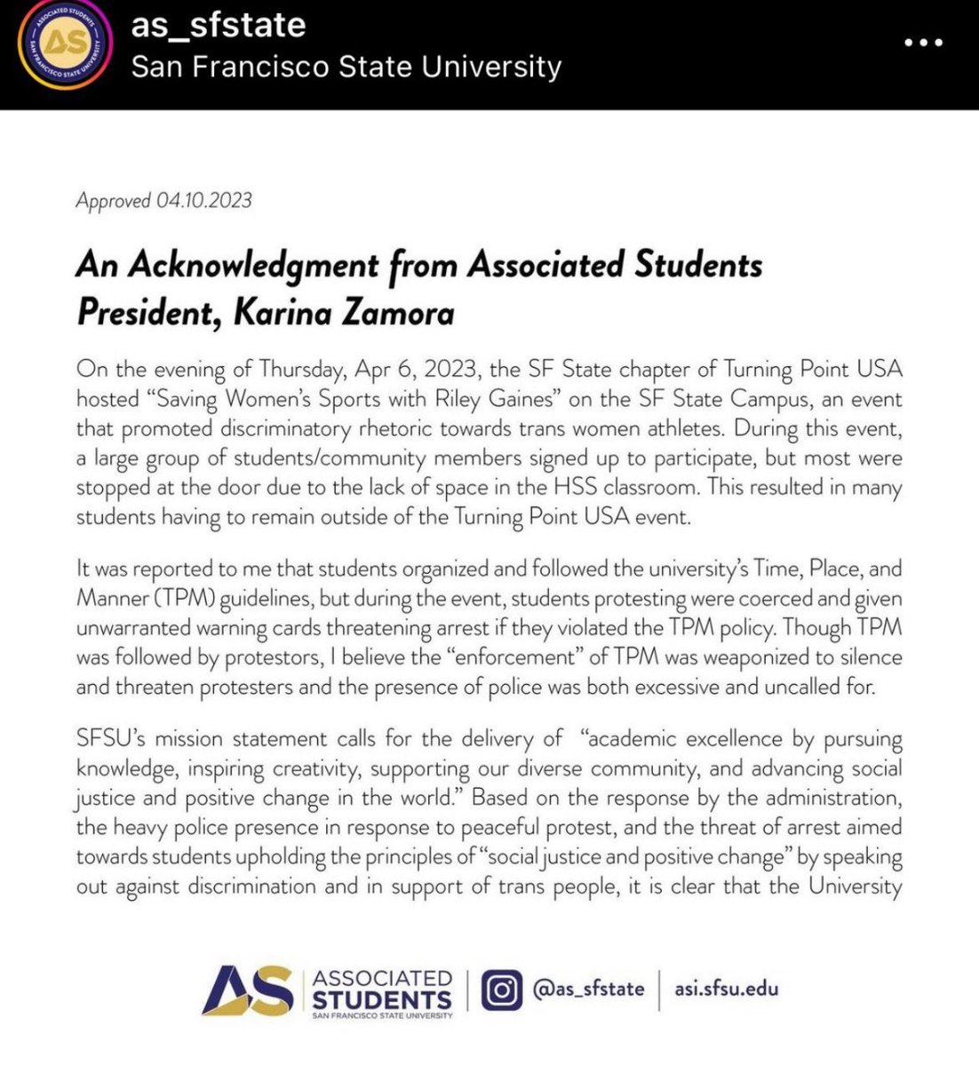 OliLondonTV's tweet photo. San Francisco State University, where students assaulted @Riley_Gaines_ and held her hostage, has blamed Riley for the "Promotion of Violence" and claimed that protesters who assaulted the Women’s Swimming Star were “threatened” while calling the prescence of police who were protecting @Riley_Gaines_ as “excessive” and “uncalled for”. 

#rileygaines #IStandWithRileyGaines