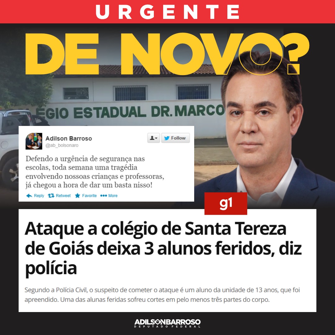 adbbolsonarista's tweet photo. Defendo a urgência de segurança nas escolas, toda semana uma tragédia envolvendo nossos crianças e professores, já chegou a hora de dar um basta nisso! Me solidarizo ao acontecido em uma escola em Goiás.

#jairbolsonaro #presidentebolsonaro         
#depfedadilsonbarroso https://t.co/kaeGDp08BX
