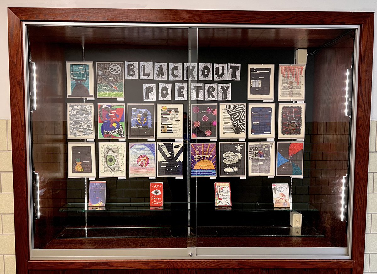 Creative Crafts students at LHS made Blackout Poetry using pages from popular novels such as 1984, Charlotte's Web, The Great Gatsby, and The Hate U Give. They pulled out words from the text to create new poems and added exciting imagery to block out the rest of the page. https://t.co/ZQz72wLFST