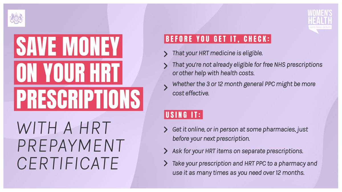 DHSCgovuk's tweet photo. You can now get cheaper HRT through the new HRT Prescription Prepayment Certificate (PPC).  

This could save you money if you pay for more than two HRT prescriptions within 12 months. 

Here’s how you can apply: https://t.co/sNwpAFKqnf https://t.co/VsvgCLrnMk