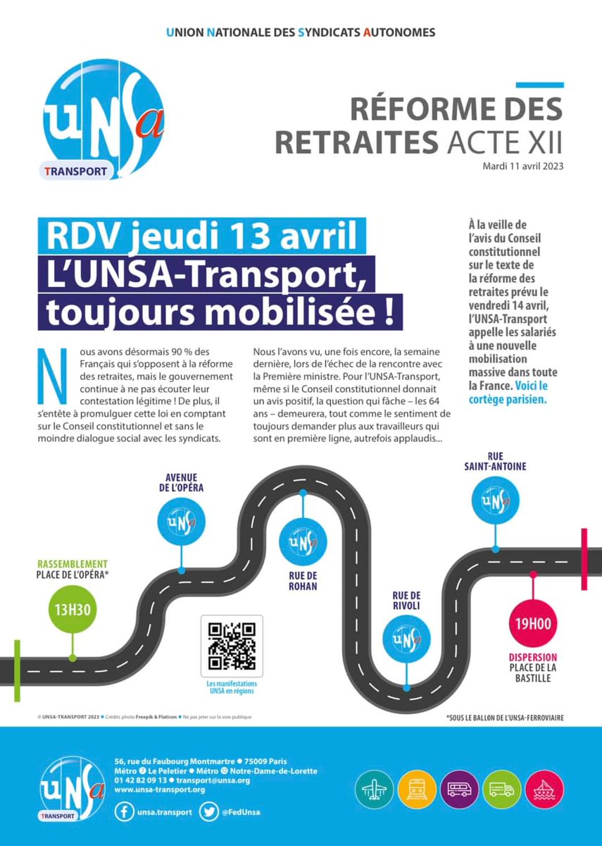 raufrere's tweet photo. Manifestation pouf dire NON à la contre-réforme des retraites jeudi 13 avril 2023 #retraites #64ans @UNSA_officiel @UNSAFerro_Off @ITFglobalunion @urifunsa @DidierMathisSG @LaurentEscure #cer #arafer @UTP_Fr @GroupeSNCF @groupekeolis @RATPgroup #transports #grève #Borne #Macron https://t.co/6EGYoLOXjR