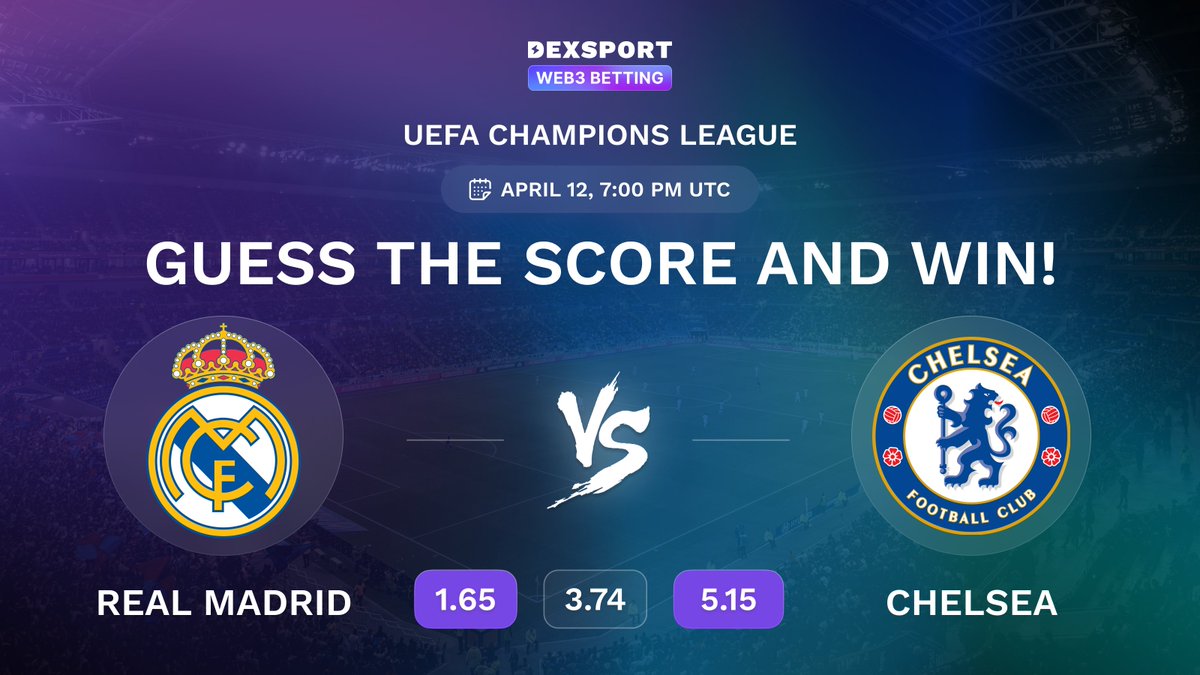 ⚡GUESS THE SCORE AND WIN!⚡

⚽ UEFA CHAMPIONS LEAGUE ⚽
Real Madrid vs Chelsea

👉 Follow <a href="/dexsport_pulse/">Dexsport Pulse ⚡️</a>, retweet this and write the score of the game in the comments

🤩 2 winners will share 5,000 $DESU!

#Dexsport #Giveaway #football #RealMadrid #Chelsea #ChampionsLeague