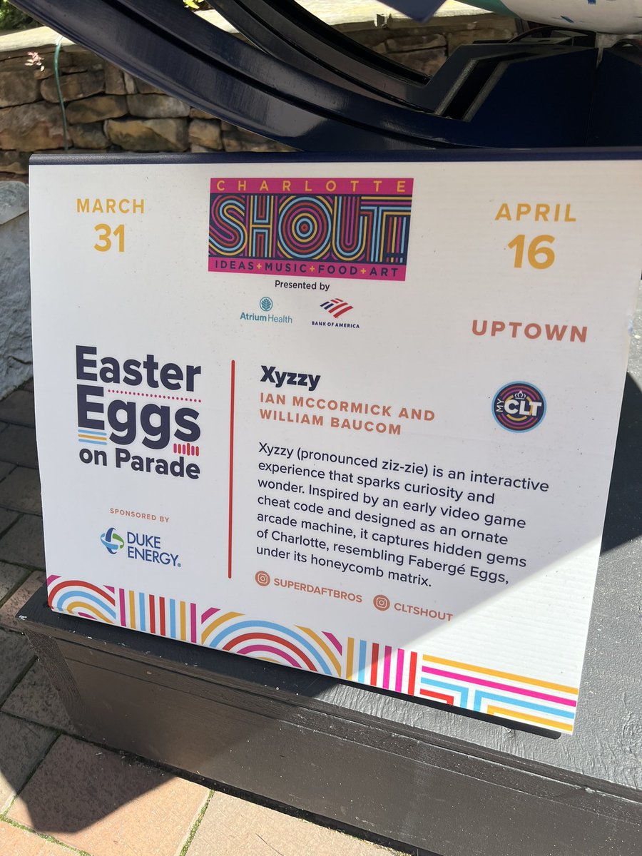 AndrewASink's tweet photo. AMAZING installation for #CLTShout from @SuperDaftBros!
Itโs a giant 3D printed arcade-themed egg, with TONS of Charlotte, NC references hidden all over.
Cool piece of #CLT history! https://t.co/HC5oCiJTsH