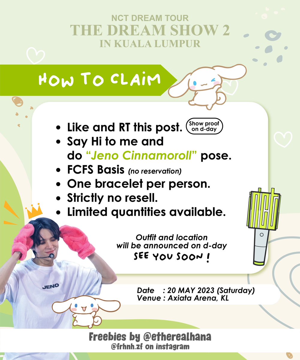 EtherealHana's tweet image. 💚 Freebies for TDS2inKL by @EtherealHana 

🗓️ 20 May 2023
📍Axiata Arena Bukit Jalil
🕑 TBA &amp;gt;

- limited quatities , fcfs basis
- pls follow the rules to claim

See You Soon !! .◜◡◝

#TDS2inKL #THEDREAMSHOW2_in_KL 
#NCTDREAM_THEDREAMSHOW2_in_KL