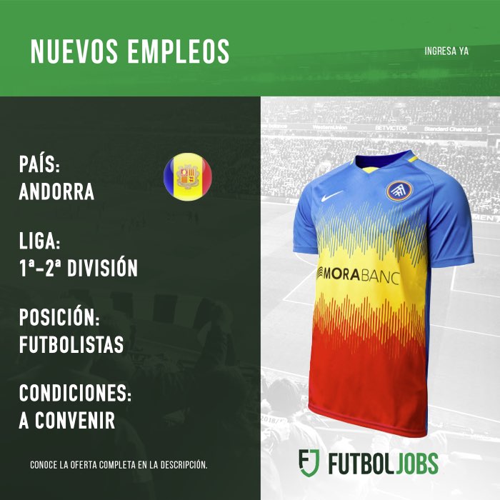 FutbolJobs_ES's tweet photo. ⚽ 𝗡𝗨𝗘𝗩𝗢𝗦 #𝗘𝗠𝗣𝗟𝗘𝗢𝗦 
🇦🇩 Pruebas para futbolistas en equipos de fútbol de 1ª y 2ª división de Andorra
🔗 https://t.co/la2PmysVxd
💻 #𝗙𝗨𝗧𝗕𝗢𝗟𝗝𝗢𝗕𝗦 https://t.co/X1LlBFF4TZ