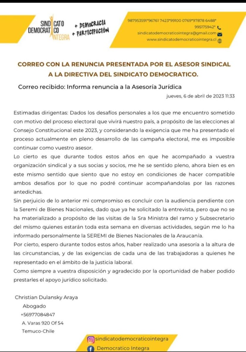 DemocraticoI's tweet photo. La Directiva Sindical agradece los años de trabajo  y servicio con esta organización a nuestro asesor laboral  Christian  Dulansky Araya  deseandole  el mayor de los éxitos en sus desafíos. https://t.co/1lkBr2DJb1