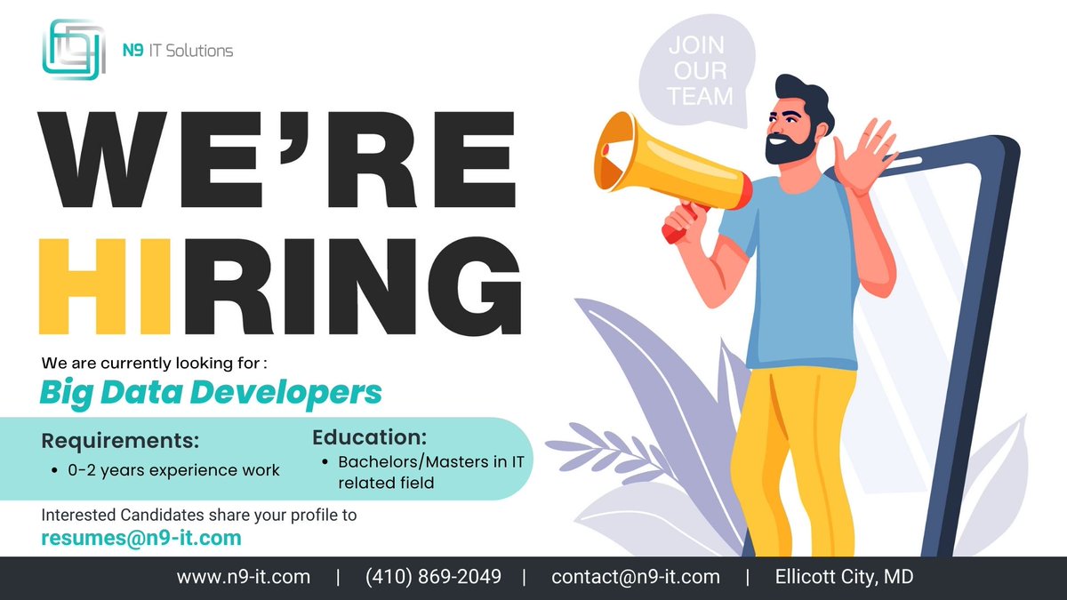 We are Hiring for the position of Big Data Developers in our USA location.
just mail your resume to resumes@n9-it.com
Contact us for more details - +1 410-869-2049
Website - n9-it.com
#bigdataengineer #BigDataAnalysis #bigdatadeveloper #n9itsolutions
