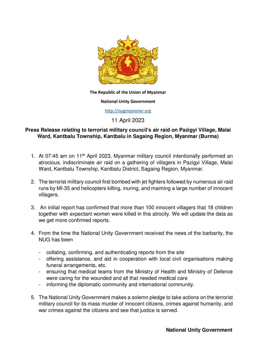 <a href="/NUGMyanmar/">National Unity Government Myanmar</a> Press Statement on terrorist military airstrikes on civilians in Kantbalu Township, Sagaing Region. #Myanmar #WhatsHappeningInMyanmar