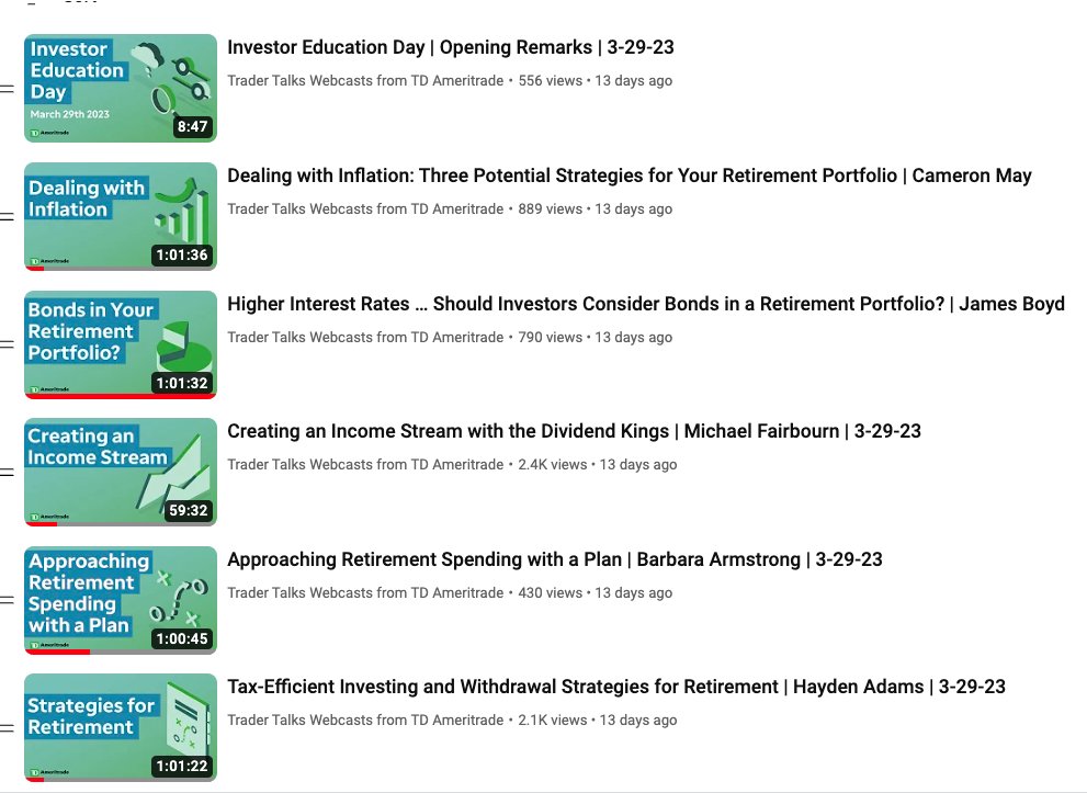 BarbArmstrongCS's tweet photo. Whether just starting out or already retired, the recent #TDAmeritrade Investor Education Day offered a treasure trove of topics.  Here's the link to the playlist: https://t.co/UsZpTkKqTp
Check it out!

#inflation #Dividends #retirement  #bonds https://t.co/BYEYvR8eeM
