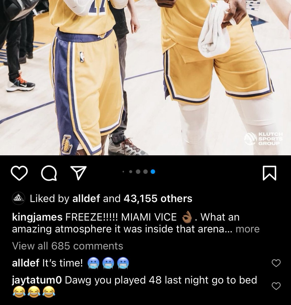 GuruLakers's tweet photo. Jayson Tatum responds to Bron’s early morning post on IG “Dawg you played 48 (mins) last night go to bed”💀 https://t.co/uwcqNvvzCx