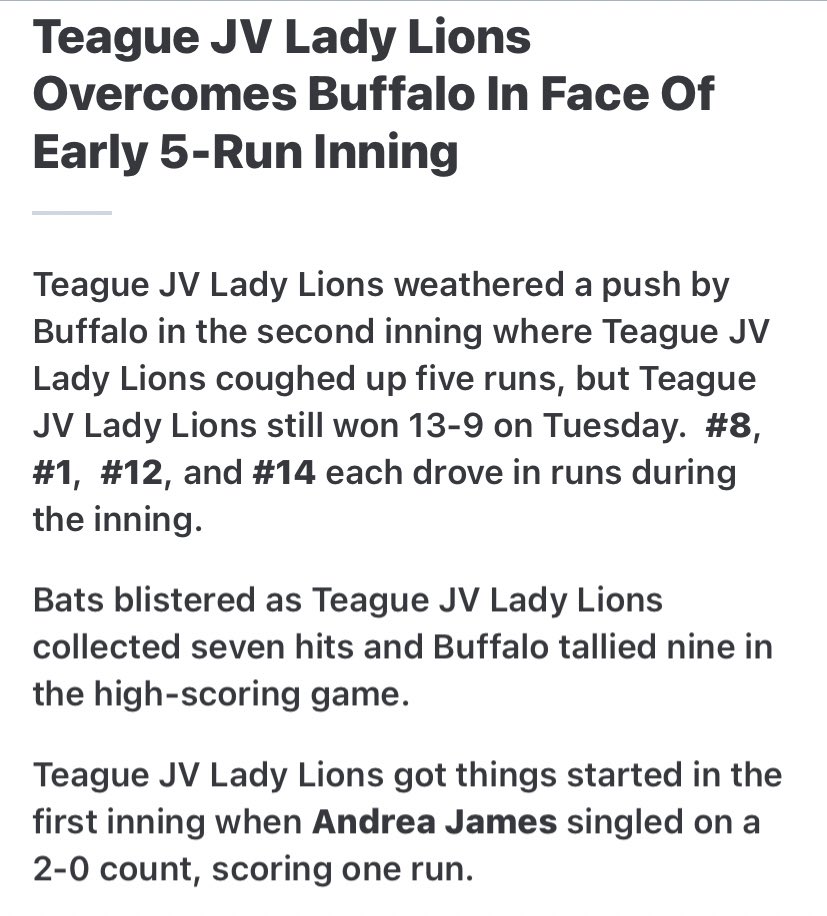 teague_ladylion's tweet photo. JV softball had a tough battle late in the game last night, but fought through for a 13-9 victory over Buffalo! 🔥

Kynlee Grabs: 2-3, 2RBI
Preslee Barkouskie: 2-3, 1RBI
Rylee Stacks: 1-2, 2RBI
Andrea James: 1-3, 1RBI &amp; threw 5Ks
Kaley Mason: 1-3, 1RBI

Way to battle!! 👊🏼 https://t.co/7LDBFjHtO8
