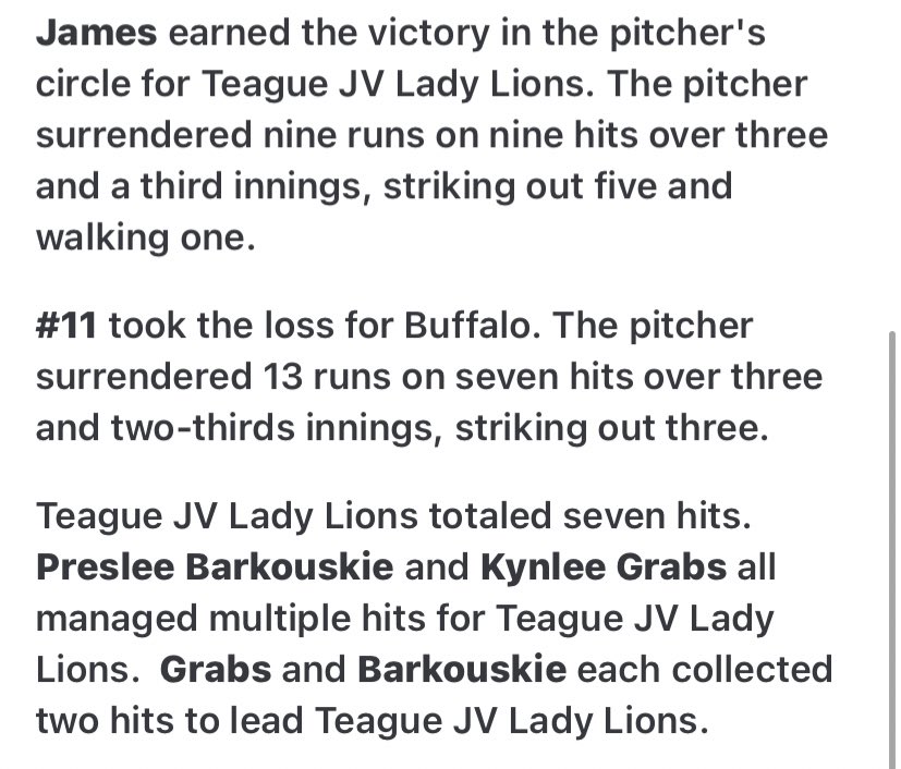 JV softball had a tough battle late in the game last night, but fought through for a 13-9 victory over Buffalo! 🔥

Kynlee Grabs: 2-3, 2RBI
Preslee Barkouskie: 2-3, 1RBI
Rylee Stacks: 1-2, 2RBI
Andrea James: 1-3, 1RBI &amp; threw 5Ks
Kaley Mason: 1-3, 1RBI

Way to battle!! 👊🏼