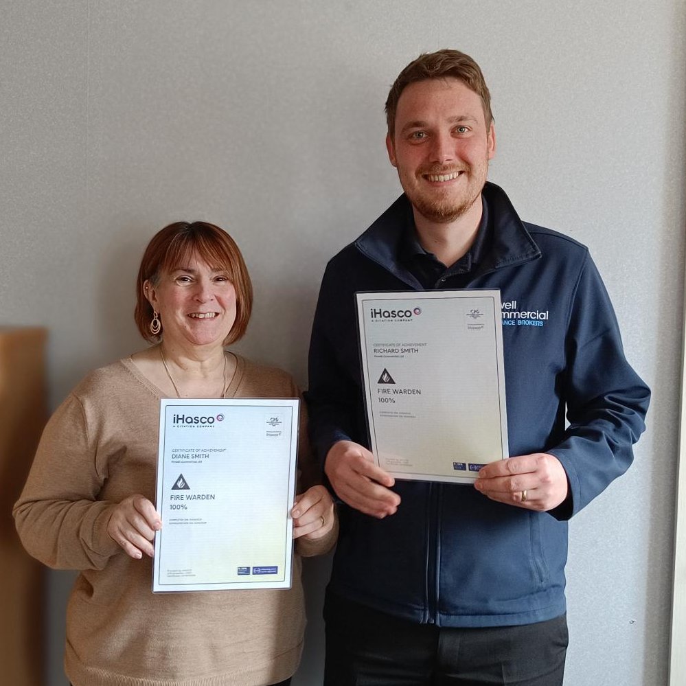 PowellCommLtd's tweet photo. Powell Commercial believes in investing in it's employees and we are all feeling a little safer now Rich and Diane have completed their Fire Warden Training. Well done!  @iHASCO  #training #fireawareness #insurancebroker https://t.co/RSBuSWYY2f