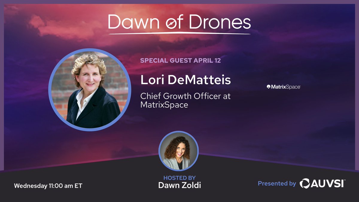 Dawnp3T's tweet photo. This week on the Dawn of Drones 🌄 Dawn sits down with Lori DeMatteis, Chief Growth Officer for @MatrixSpaceAI who drives the company's sales and go-to-market programs across a range of industries and geographies.
🔗https://t.co/rlRlM1wT7w
#DawnofDrones #P3Tech https://t.co/j8Efl1rv0z