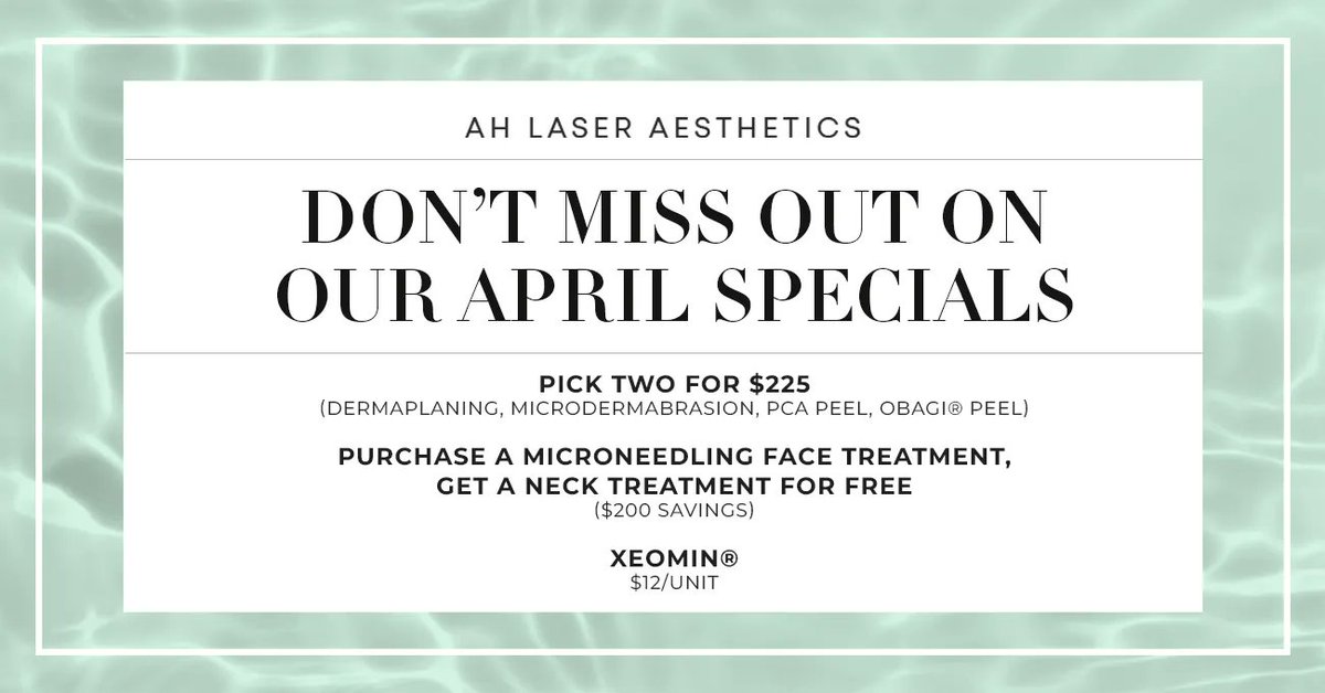 AHLaser's tweet photo. Take advantage of AH Laser’s April #specials today!

🟢 Pick two for $225 (#Dermaplaning, Microdermabrasion, @PCASkin Peel, @Obagi Peel)
🟢 Purchase a #microneedling face treatment, get a neck treatment free ($200 savings)
🟢 #Xeomin® $12/unit

📞 (847) 255-7474 https://t.co/yAm8g4Vniz