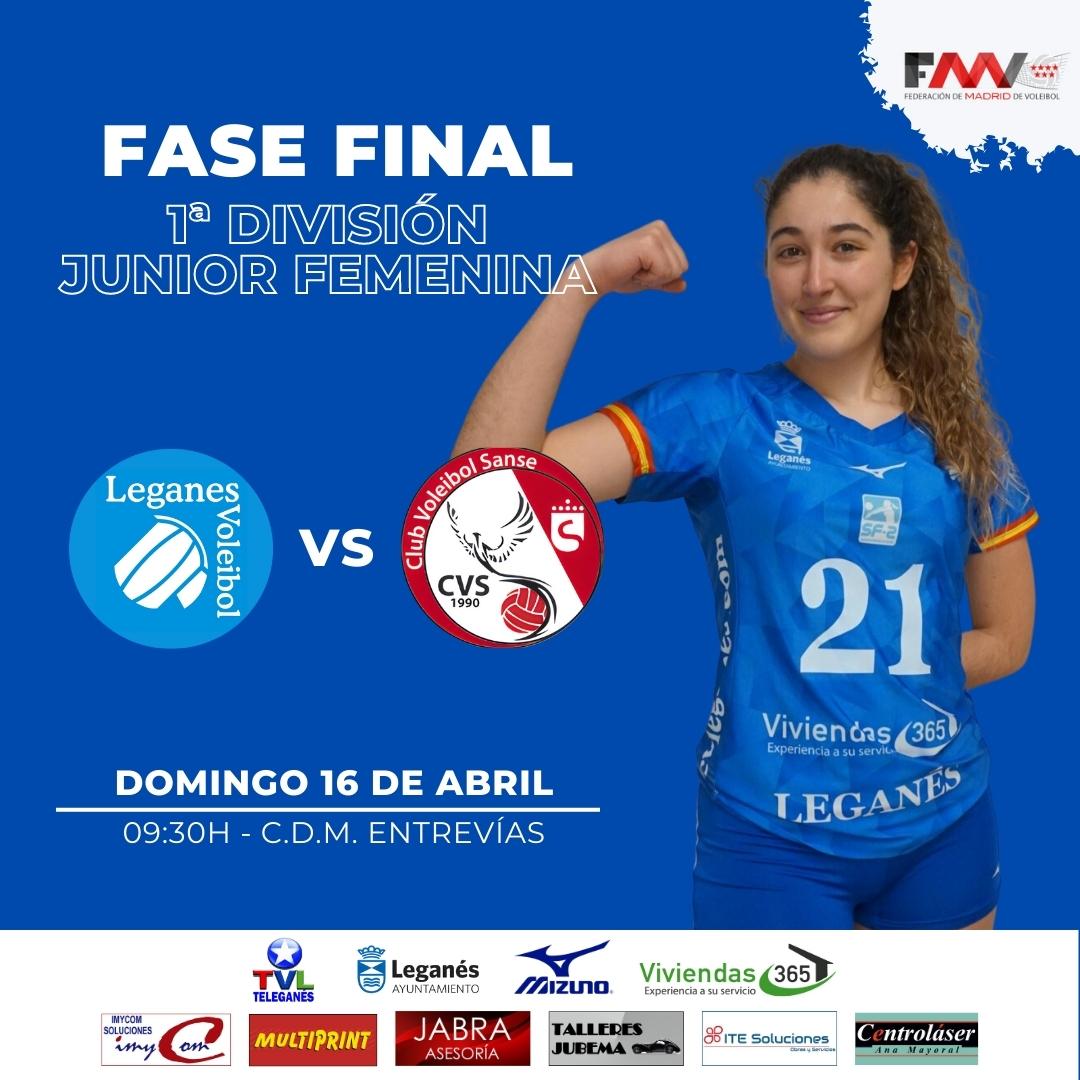 🏆🏐 ¡¡FASE FINAL JUNIOR FEMENINA!! 📅 Domingo 16 de abril ⏰ 09:30h 🆚 @voleysanse  🏟 C.D.M. Entrevías 🔴 youtube.com/channel/UCtuMD… 💪 ¡¡A por todas!! #VamosLega #MejorCanteraESP 💙🤍 @AytoLeganes @deportesleganes