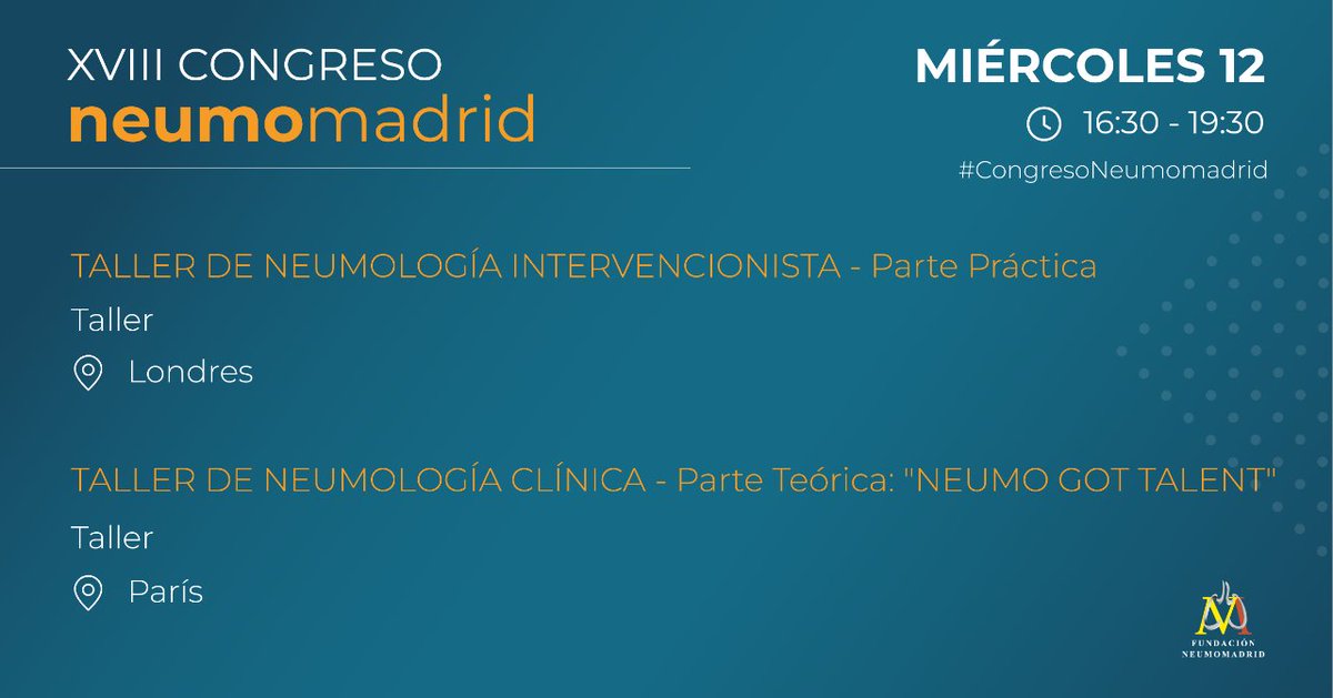 #CongresoNeumomadrid Momento para el ‘Taller de #Neumología Clínica’

🔸 Ponentes sala Londres: Paz Vaquero, Rosa Marín, Rosa Nieto, Gema Sánchez

🔸 Ponentes sala París: Aylaf Latif, Beatriz Morales, Alicia Oliva

congresoneumomadrid.com/site/programme…