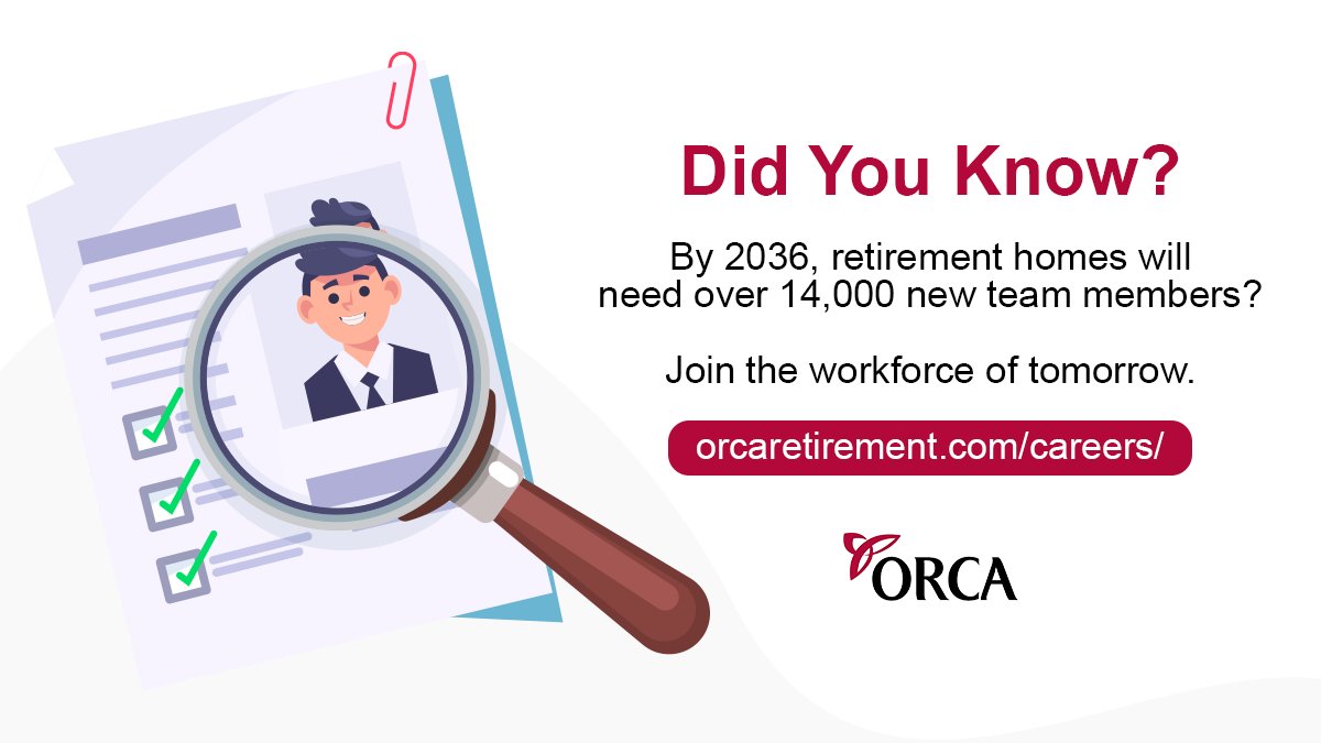 ORCAretirement's tweet photo. Did you know that by 2036, retirement homes will need over 14,000 new team members? Build a career that provides job security, professional development, and the opportunity to be part of a community that helps seniors thrive. https://t.co/LCNxVubmKR https://t.co/sXBbjGuGrt