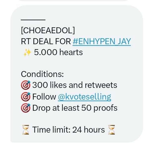 thatseattleb0i's tweet photo. ———
[CHOEAEDOL] 
RT DEAL FOR #ENHYPEN_JAY 
 ✨ 5.000 hearts 

Conditions: 
🎯 300 likes and retweets  
🎯 Follow @kvoteselling
🎯 Drop at least 50 proofs 

⏳ Time limit: 24 hours ⏳

#ENFuelUp #ENVOOSTERS https://t.co/C6doefCTAz