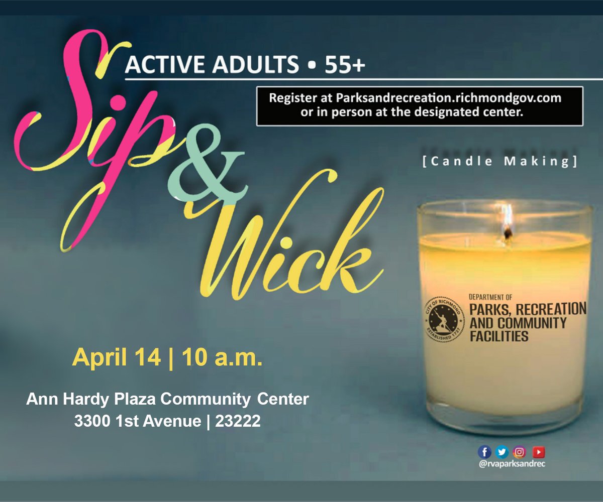 rvaparksandrec's tweet image. Did you forget to register for "Sip and Wick" happening on April 14? Don't worry; you still have time! Register today at parksandrecreation.richmondgov.com and click on "Adult Programs". #RVA #activeadults #springprogramming #funwithfriends #PRCF