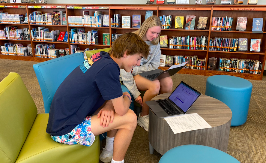 In the LMC, World History students watched a testimony of a Holocaust survivor, explored resources/documents related to the survivor, then had a discussion with a peer to reflect on what they heard/read/learned. Meaningful discussions are occurring as students reflect.