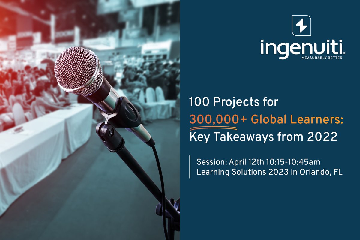 ingenuitiglobal's tweet image. Join us today at 10:15 in the Exhibit Hall for our session 100 Projects for 300,000+ Global Learners: Key Takeaways from 2022. Session led by  Bianca McMurrich from IHG and Adam Eling from Ingenuiti. #LScon #eLearning #translation