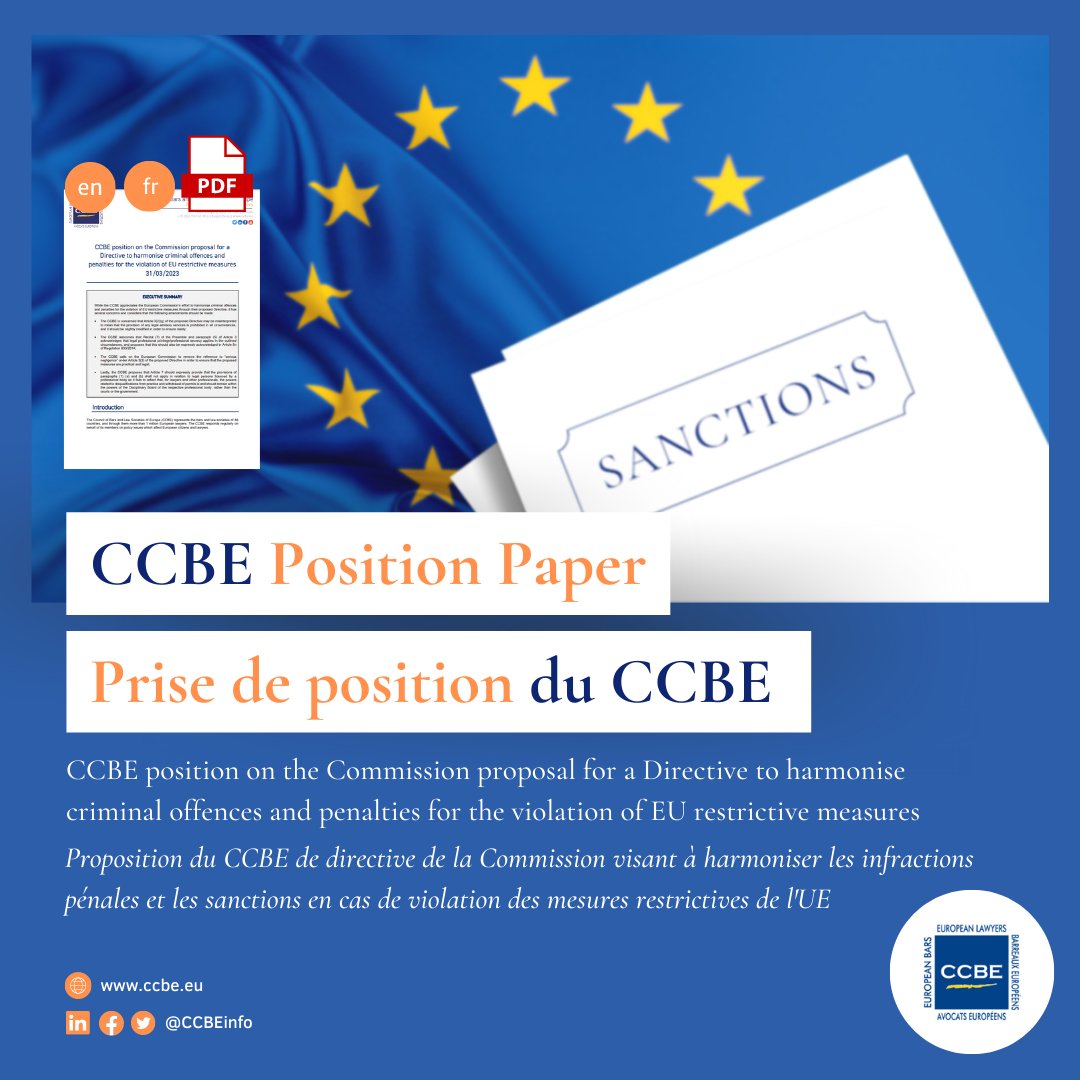 CCBEinfo's tweet photo. Le CCBE soutient l'harmonisation des infractions pénales et des sanctions en cas de violation des mesures restrictives de l'UE, mais note plusieurs préoccupations et amendements nécessaires à la proposition de directive de la @EU_Commission.
➡️https://t.co/2poaE0UTy0 https://t.co/ZdWuVeaC78