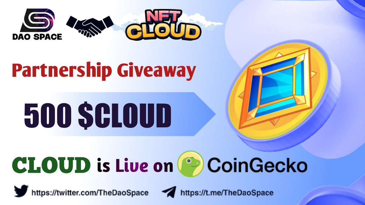 TheDaoSpace's tweet photo. 🎉DAO Space X NFTCloud Big #Airdrop

🤑Reward Pool: 500 $CLOUD

To Enter ⤵️
➡️Follow
@TheDaoSpace
& 
@nftcloud_net

➡️Like, RT & Tag 3 Friend
➡️Finish Task: https://t.co/3LbrwqgTRj

⏱18th April 

#Giveaways #Airdrops #NFTCloud #NFT #Cloud $ETH #MetaMask #meta Crypto Twitter #Giveaway #CryptoNews #CryptoTwitter #NFTComminity