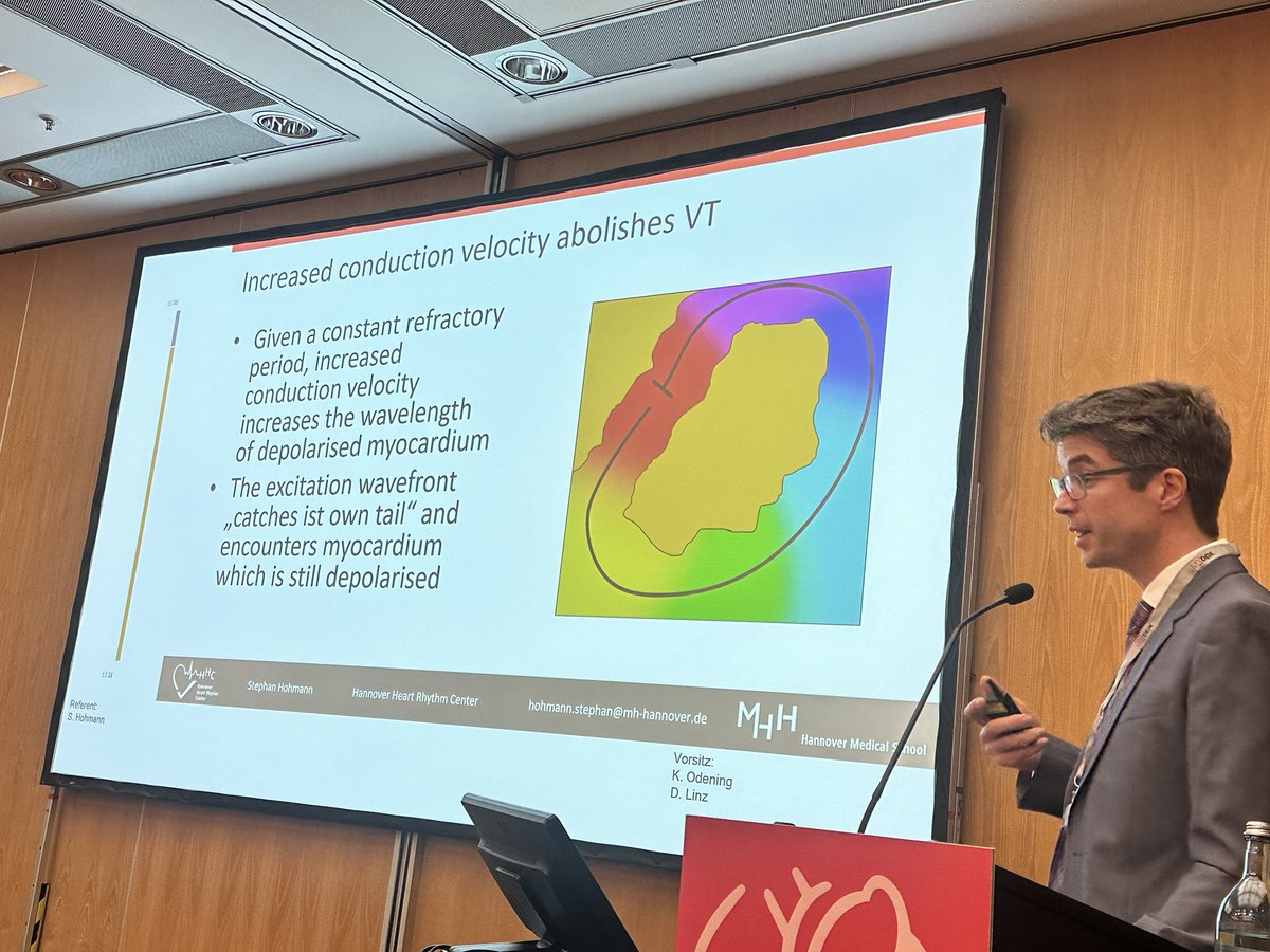 DavidDuncker's tweet photo. #DGKJahrestagung 

@SHohmannMD on mechanisms underlying stereotactic radioablation for VT

💡favourable clinical results
💡“histological scar homogenization“
❓40Gy leads to conduction slowing
❓radiation w/ non-ablative doses increases conduction velocity ⏩️ VT abolition

#HannoverHeartRhythmCenter
