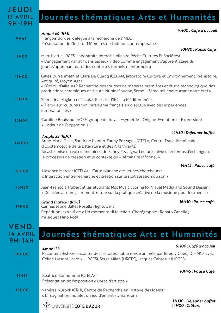 #savethedate 
Venez participer aux journées thématiques Arts et Humanités 

🗓13 &amp; 14 avril 
🗽Au Campus Georges Méliès à Cannes
💡Événement hybride 

Lien ZOOM de connexion : lnkd.in/dvq3QZF8
☀️

#daretocreate #UnivCotedAzur