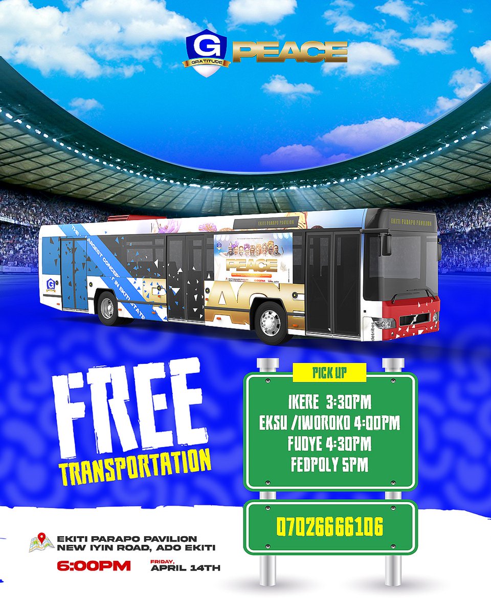 @gratitudetribes made arrangements for free buses to the Ekiti Peace Concert venue from these locations. 

Ekiti are you ready?? 🔥🔥🔥💃💃💃💃