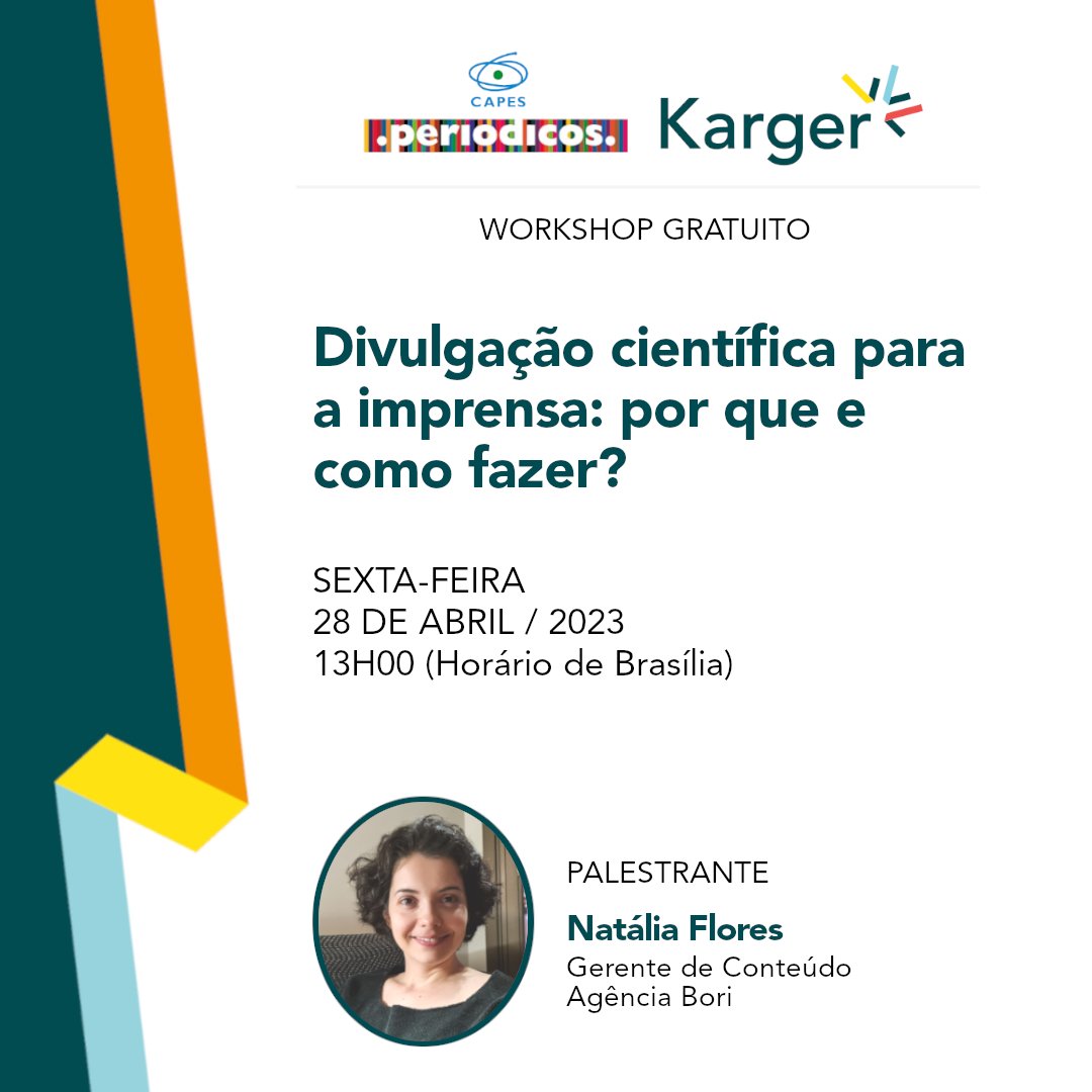 [Workshop em Divulgação Científica]

Evento Gratuito da parceria entre CAPES e Editora Karger.
Cadastre-se Clicando aqui >> bit.ly/43pnnrJ

#divulgaçãocientífica #scienceoutreach #science #capes #scicomm