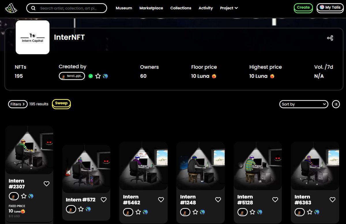 GM Interns 🤝

Things are once again happening! There looks to be about 42 interns left to migrate! If you haven't, or need some $Luna to migrate, let us know!

migrate.illiquidlabs.io/migrate/

We are also now live for buying / selling on <a href="/ProtocolTalis/">Talis Protocol</a>!
#Terra 
talis.art/collection/643…