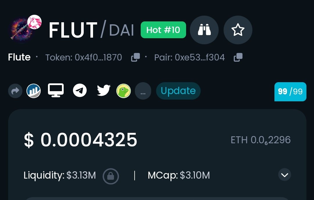 <a href="/TheMagicFlut/">The Magic FLUT</a> music descentraliced
$Flut
Chart: dextools.io/app/en/ether/p…

<a href="/CommunityCaw/">CAWMmunity 🌙</a>  social media descentraliced
$caw
Chart: dextools.io/app/en/ether/p…