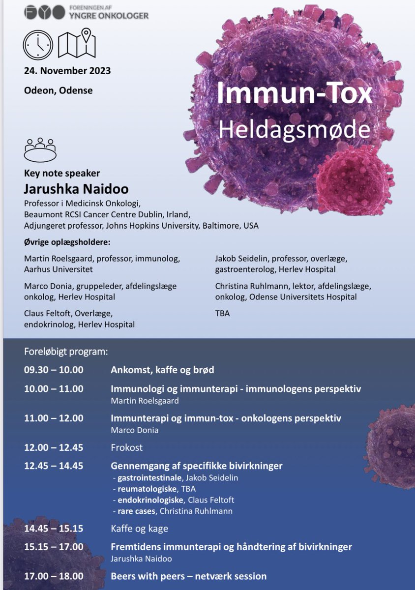 So happy to announce our upcomming meeting the 24 Nov 2023 on #immunotherapy and irAEs. We are SO delighted to present @DrJNaidoo, Marco Donia, Claus Feltoft @JakobSeidelin og @RuhlmannC as speakers for #youngoncologists in Denmark 💙 #dontmiss