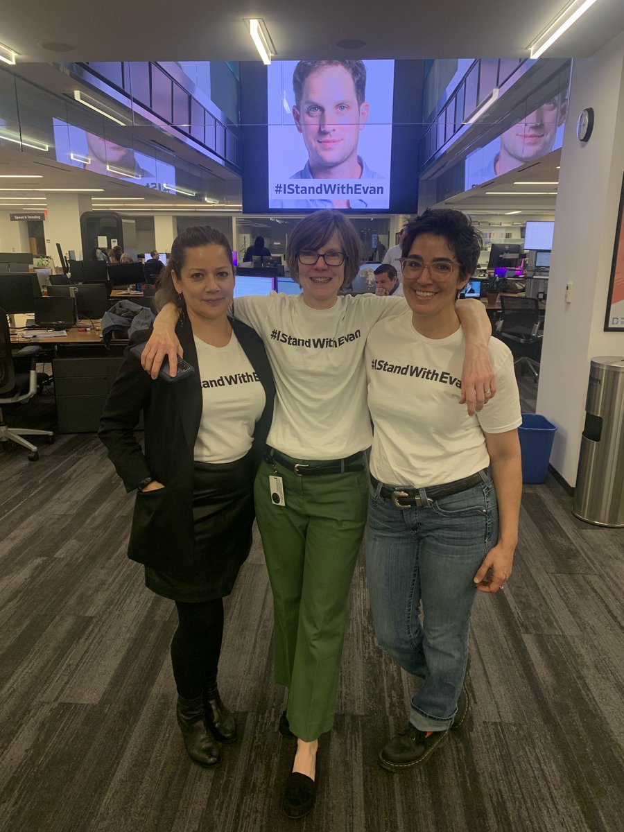 The WSJ is one of the nicest newsrooms I have ever worked in and I count my colleagues as friends. But we're missing one of our friends right now -- Evan Gershkovich -- and we hope to see him home soon. Today we're wearing our #IStandWithEvan shirts to show our support.