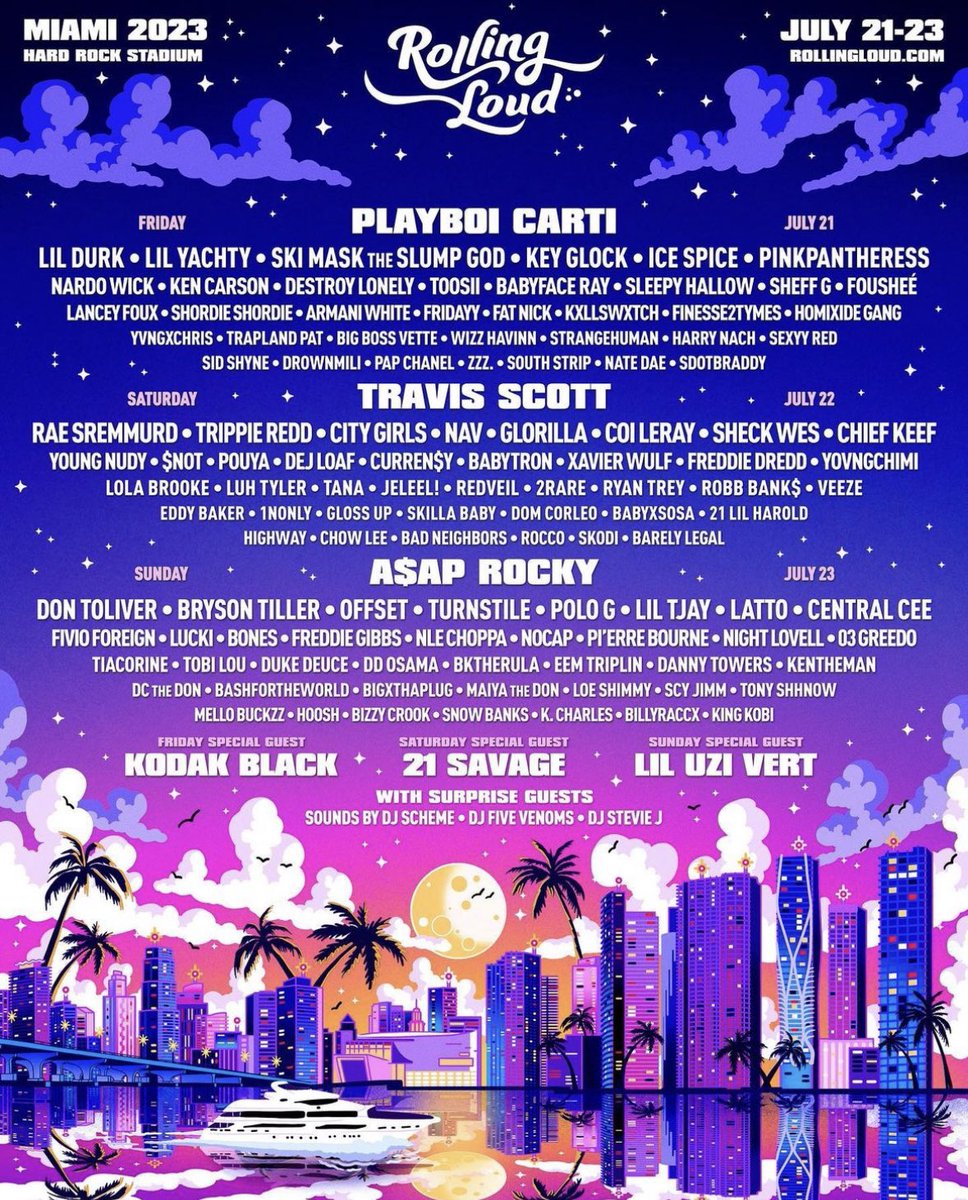 rapalert6's tweet photo. Rolling Loud reveals the lineup to its 2023 Miami Festival. Tickets go on sale this Friday. @RollingLoud https://t.co/XlTu4Ppe8f
