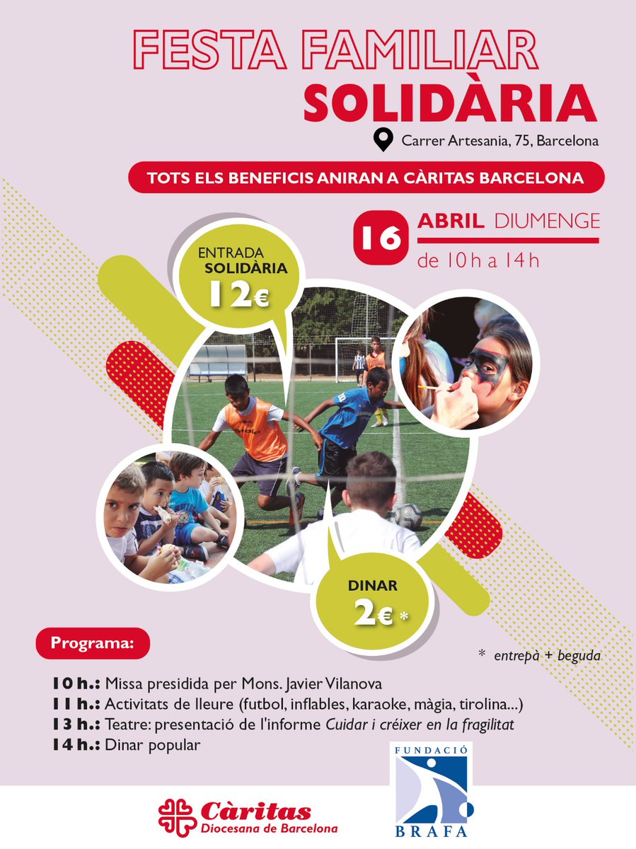 📢 Aquest diumenge et convidem a la festa familiar solidària en benefici de <a href="/caritasbcn/">Càritas Barcelona</a> 🎉. No t'ho perdis! ❤️

De 10 a 14h, hi haurà inflables, diverses activitats d'oci per a famílies i un menjar popular 🥪👇
caritas.barcelona/agenda-caritas…