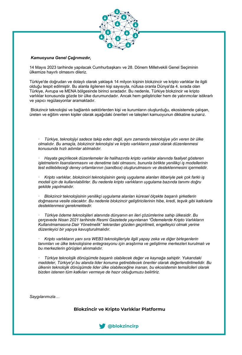 blokzincirp's tweet photo. Kamuoyuna Genel Çağrımızdır!  

14 Mayıs tarihinde yapılacak genel seçimlerin hayırlı olmasını dileriz. Blokzincir ve kripto varlıklar alanında, istikrarlı ve yapıcı regülasyonlar bekliyoruz. Aşağıdaki öneri ve talepleri kamuoyunun dikkatine sunarız. 

https://t.co/JX753dC9Qr https://t.co/LAL48lP5Rz