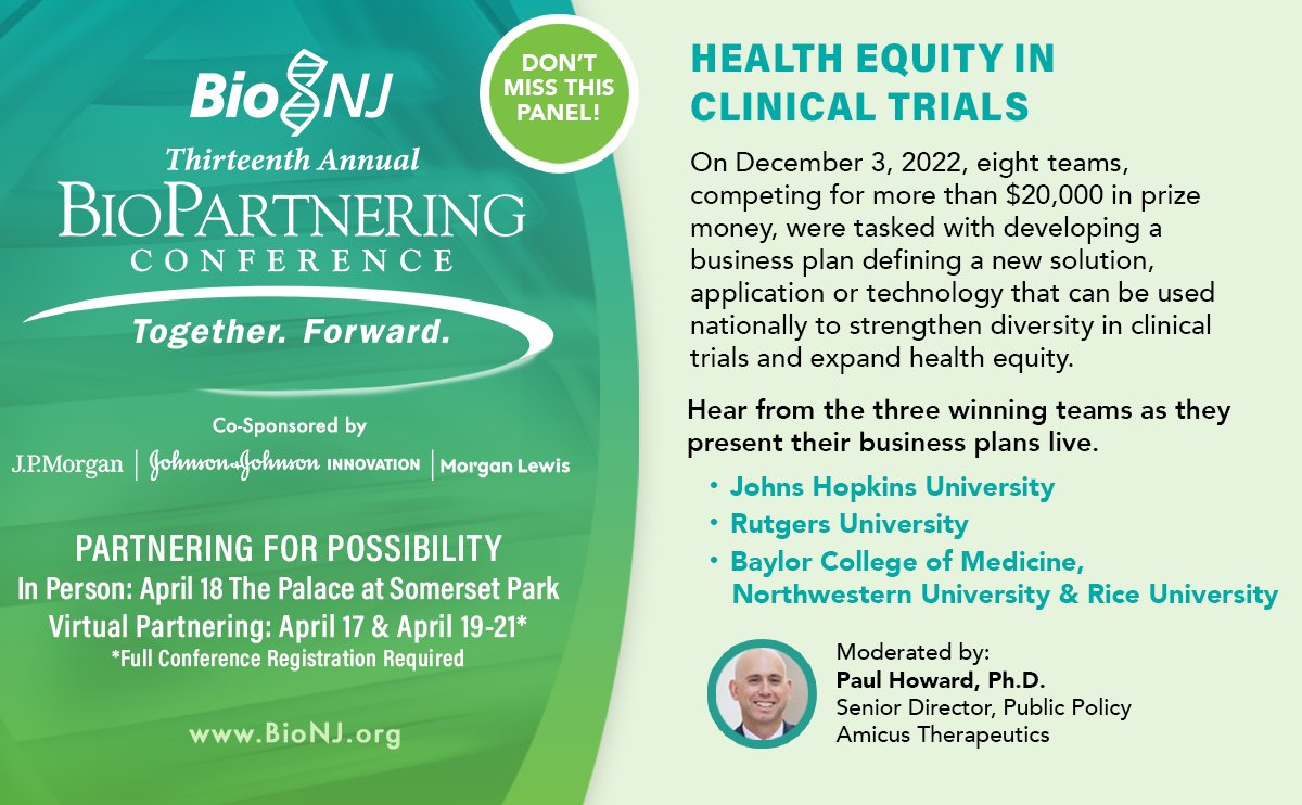 BioNJ_Org's tweet photo. You won't want to miss the three winning teams of #BioNJ's Health Equity in Clinical Trials MBA Business Plan Case Competition as they present their business plans live at the #BioNJ BioPartnering Conference. #BioP2023 #PartneringForPossibility
@JNJInnovation @MorganLewisLaw https://t.co/ViK9lCNBHg