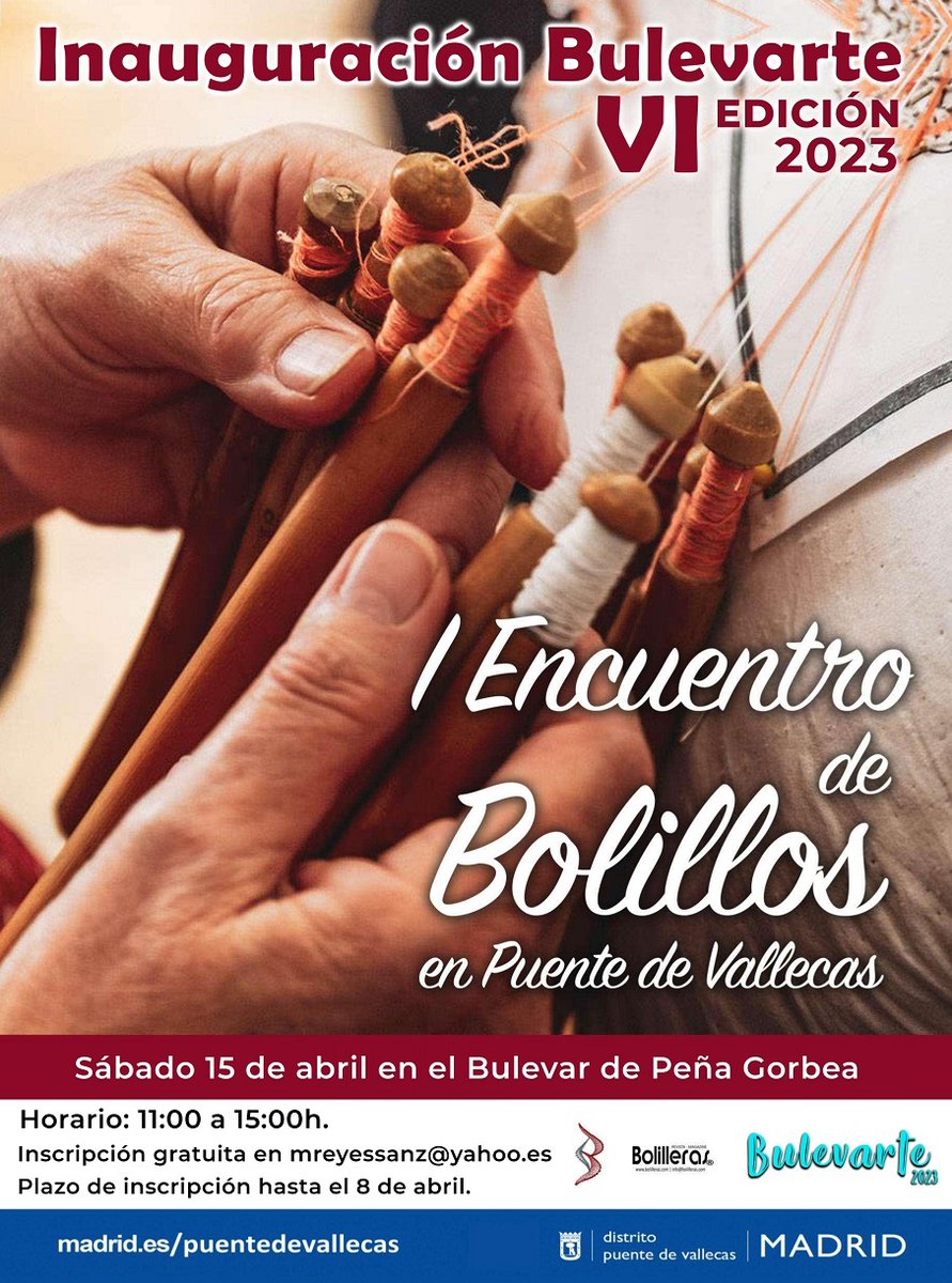 📢 La Feria de la Artesania 'Bulevarte’, abre sus puertas este sábado a lo grande, celebrando el I Encuentro de Bolillos de Puente de Vallecas.
📅 15/04/2023 
⏰ Horario de casetas: de 11 a 14h. y de 17:30 a 22h.

ℹ Toda la información en este enlace👉 informate.madrid.es/1bzpl2