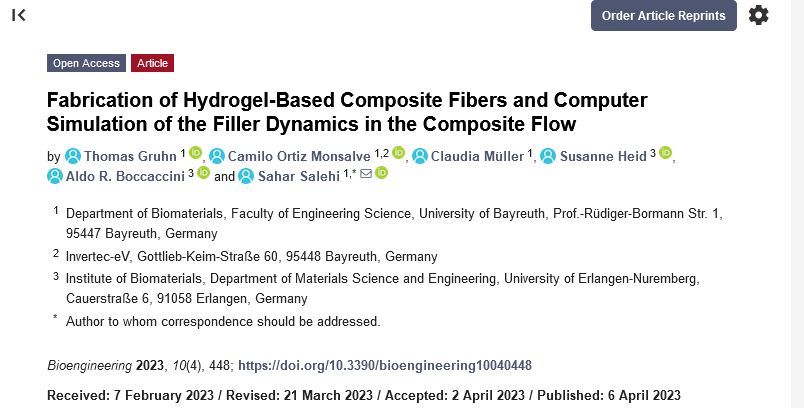 We @Boccaccini_Lab contributed to this interesting  #OpenAccess study led by @SalehiSahar5 in the framework of @dfg_public funded @SFB_TRR225  Great @UniFAU - @unibt collaboration on hydrogel based composite fibers mdpi.com/2234160 #mdpibioengineering #Biofabrication