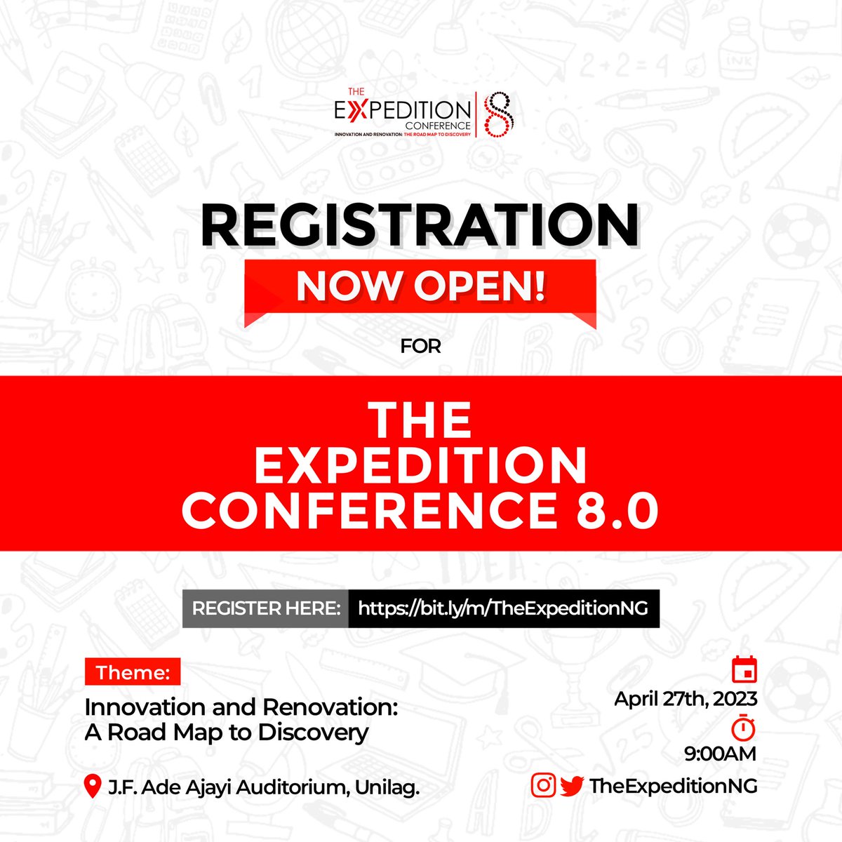 TheExpeditionNG's tweet photo. The Expedition Conference is almost here. Reserve your seat today! 

https://t.co/5aMfEEfZJz

Share the link with everyone. You shouldn’t miss The Expedition Conference ✨🚀

Registration closes soon.

#theexpeditionconference #tec8 #universityoflagos #nesaunilag #nesaunilag https://t.co/QR2BbA09Vz