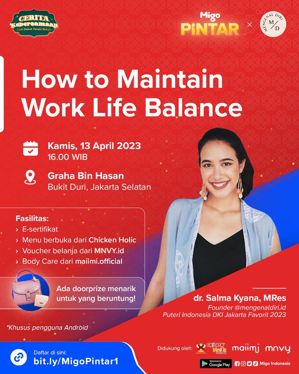 MigoIndonesia's tweet photo. Buat kamu yang lagi burnout sama kerjaan, yuk ikutan sharing tentang Work Life Balance di Migo Pintar x Mengenal Diri✨

Besok, 13 April 2023
16.00 WIB - selesai
Kantir Migo, Graha Bin Hasan, Jl. KH Abdullah Syafei No.3, RW.9, Bukit Duri, Kec. Tebet.

#migoindonesia https://t.co/QL7U0XKzBQ