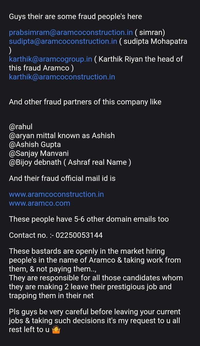 ashishroy747's tweet photo. Sanjay Manvani, Aryan Mittal &amp; Other idiot
These bastards are openly hiring people's in the name of Aramco &amp; taking work from them, &amp; not paying them..,

Pls guys be very careful before leaving your current jobs &amp; taking such decisions it's my request to u all &amp; rest left to u 🤷 https://t.co/49Exd0St7t
