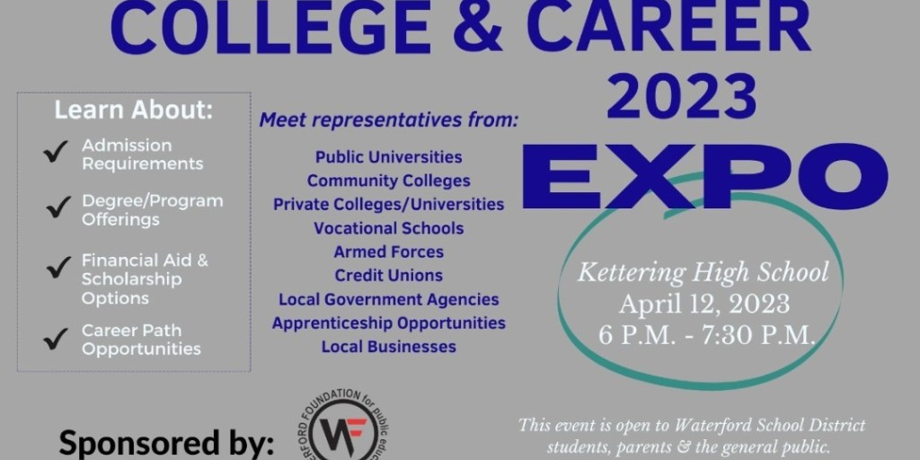 Don't forget to join us for the College &amp; Career Expo tonight at Kettering! This is a wonderful opportunity to meet college &amp; university reps, Armed Forces personnel, local businesses and so much more. This event is open to students, parents and the entire Waterford community.